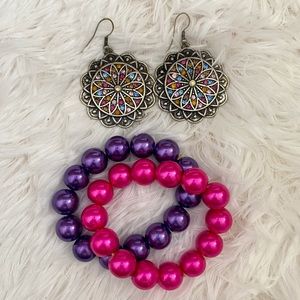 CUTE SET EARING AND BEADS PINK AND PURPLE BRACELET